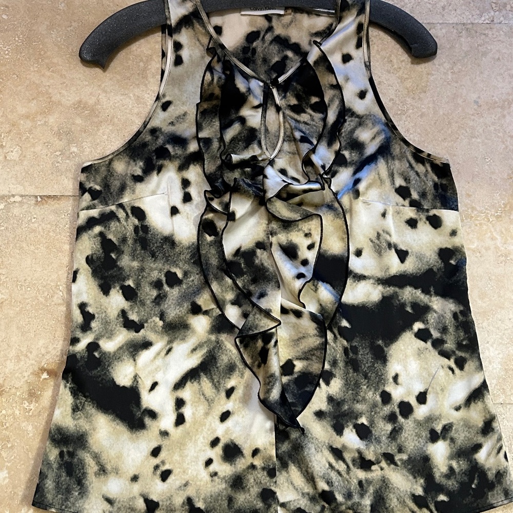 Calvin Klein  Ruffle Front Button Sleeveless Career Blouse, Green/ Taupe, Size S